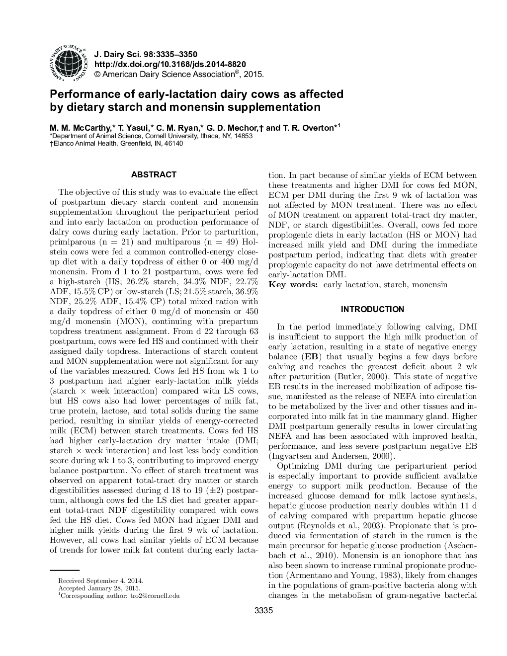 Performance of early-lactation dairy cows as affected by dietary starch and monensin supplementation