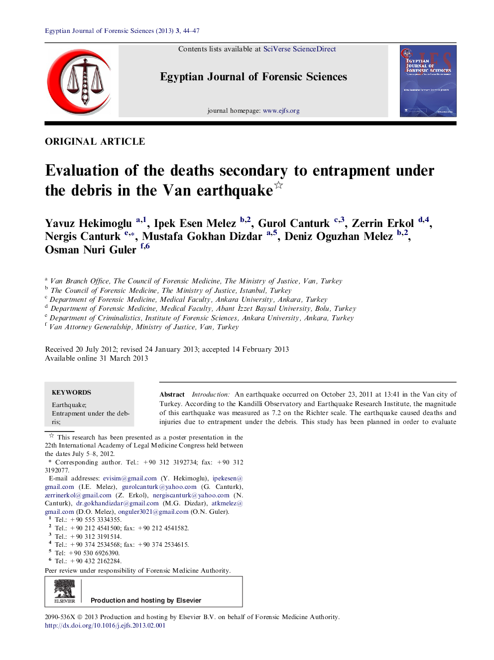 Evaluation of the deaths secondary to entrapment under the debris in the Van earthquake 