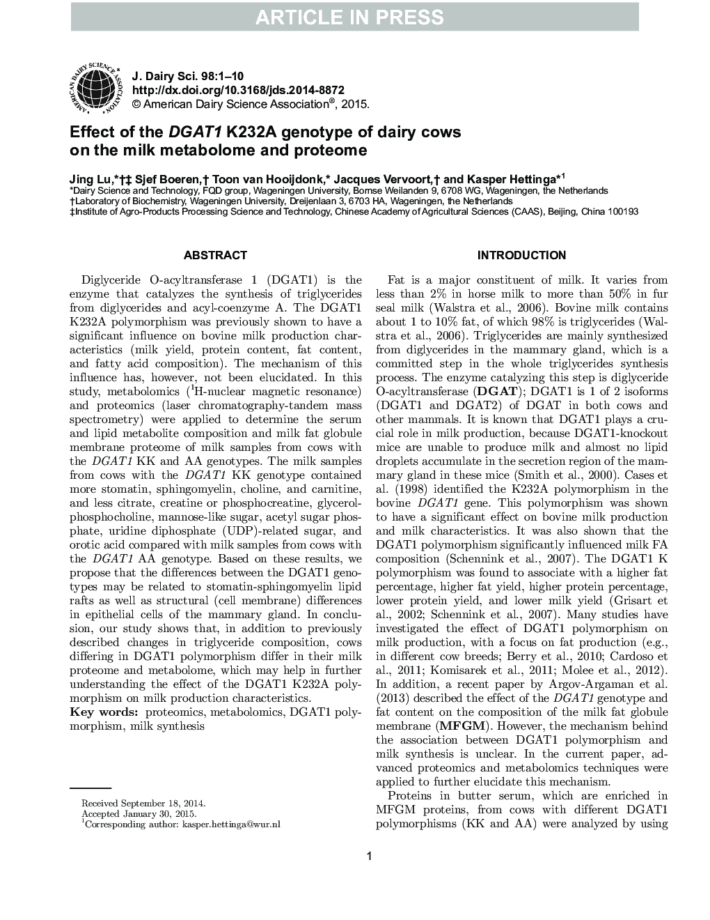 Effect of the DGAT1 K232A genotype of dairy cows on the milk metabolome and proteome