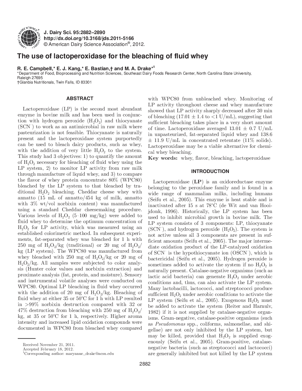 The use of lactoperoxidase for the bleaching of fluid whey