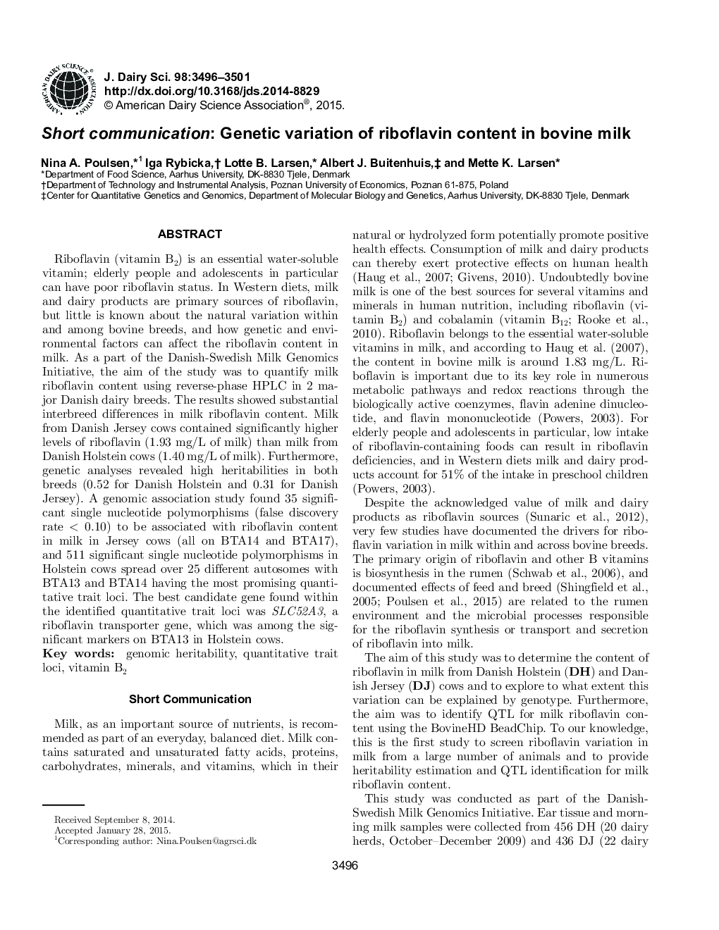 Short communication: Genetic variation of riboflavin content in bovine milk