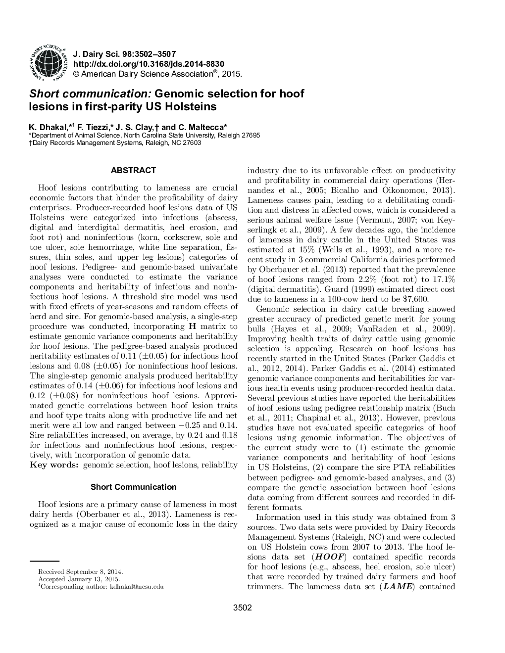 Short communication: Genomic selection for hoof lesions in first-parity US Holsteins