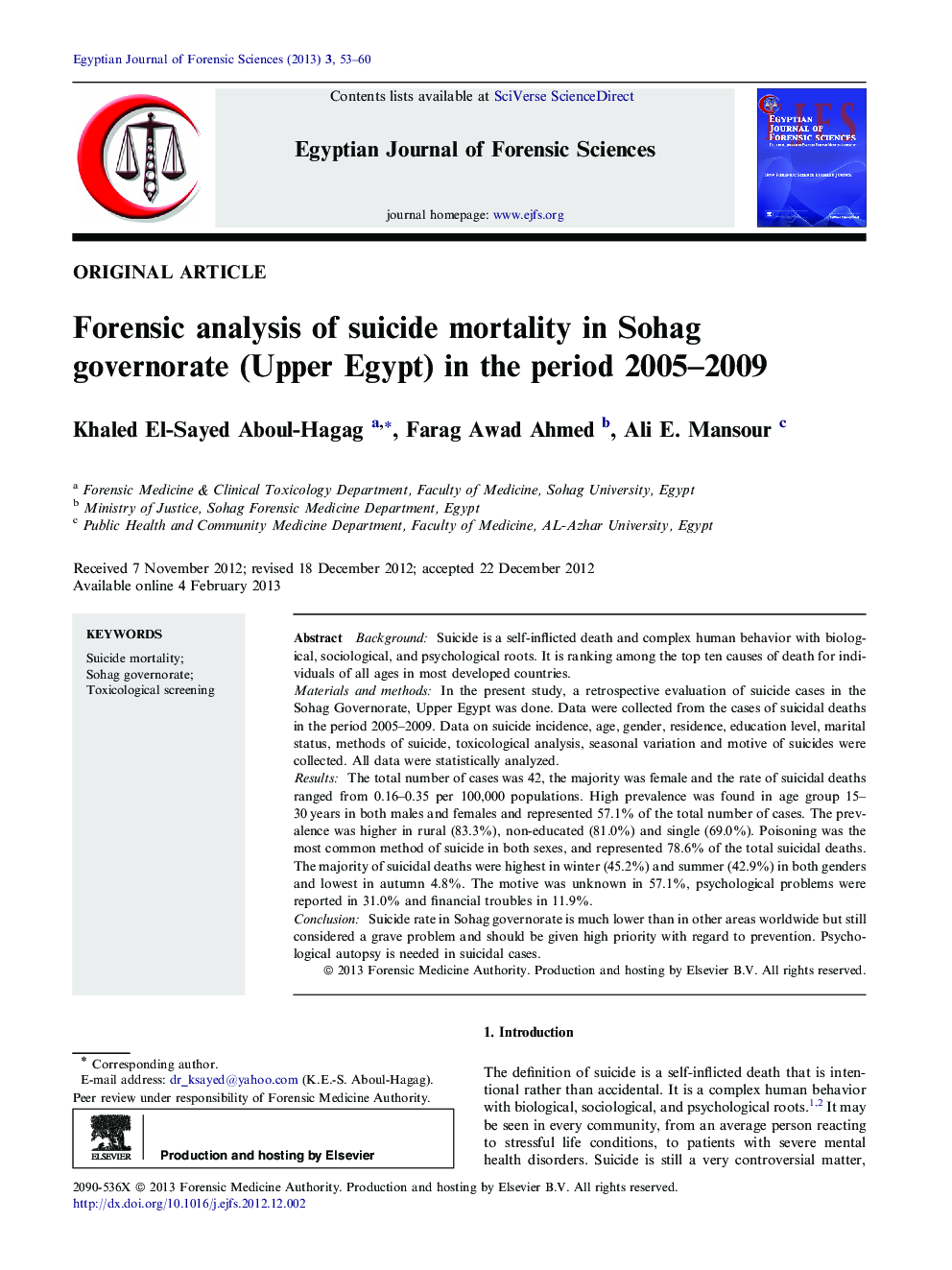 Forensic analysis of suicide mortality in Sohag governorate (Upper Egypt) in the period 2005–2009 