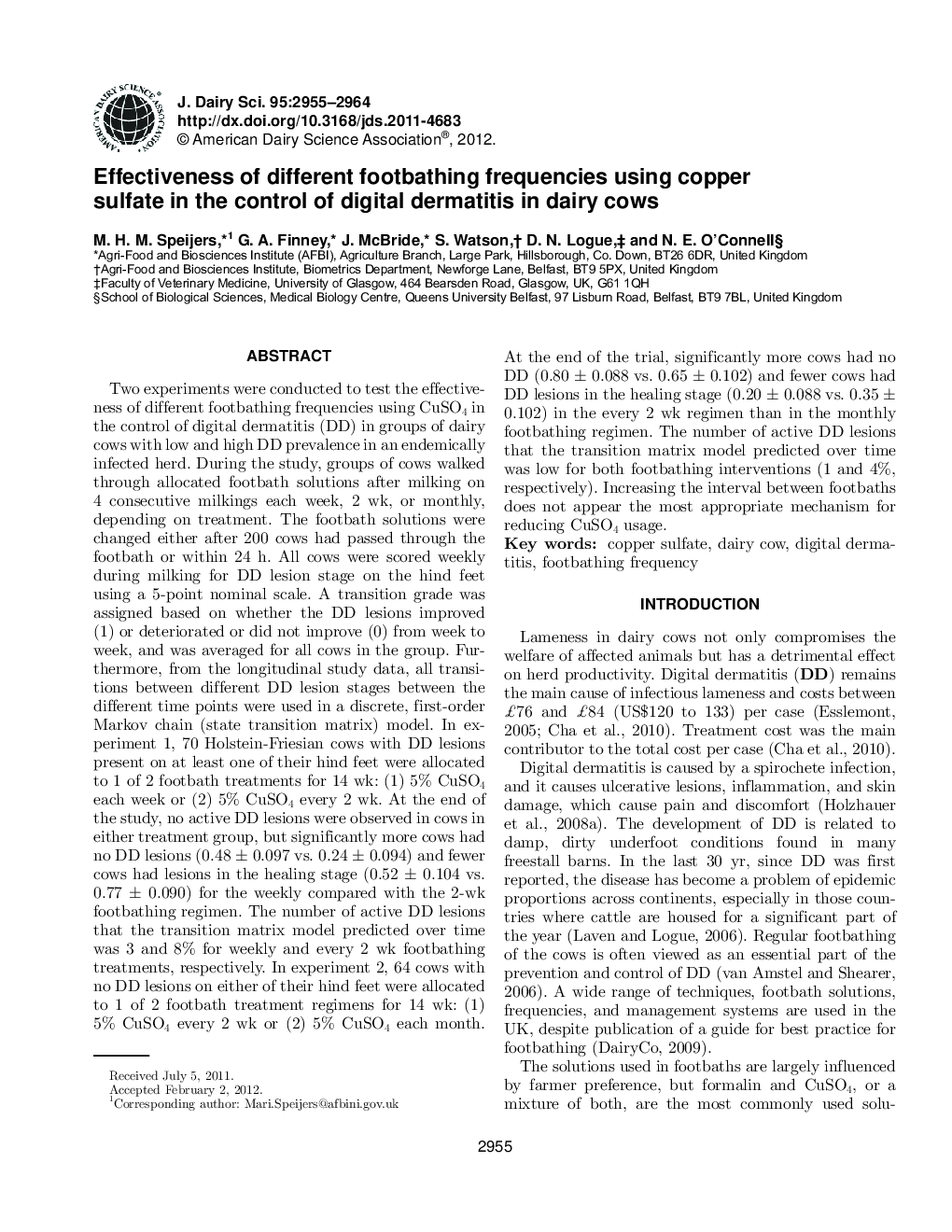 Effectiveness of different footbathing frequencies using copper sulfate in the control of digital dermatitis in dairy cows