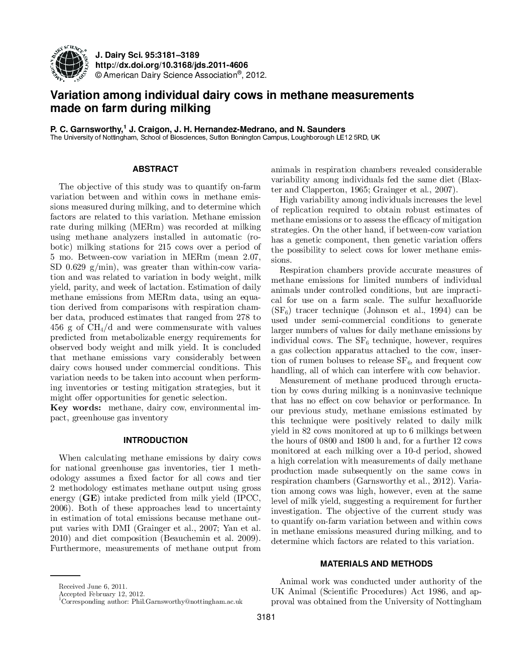 Variation among individual dairy cows in methane measurements made on farm during milking