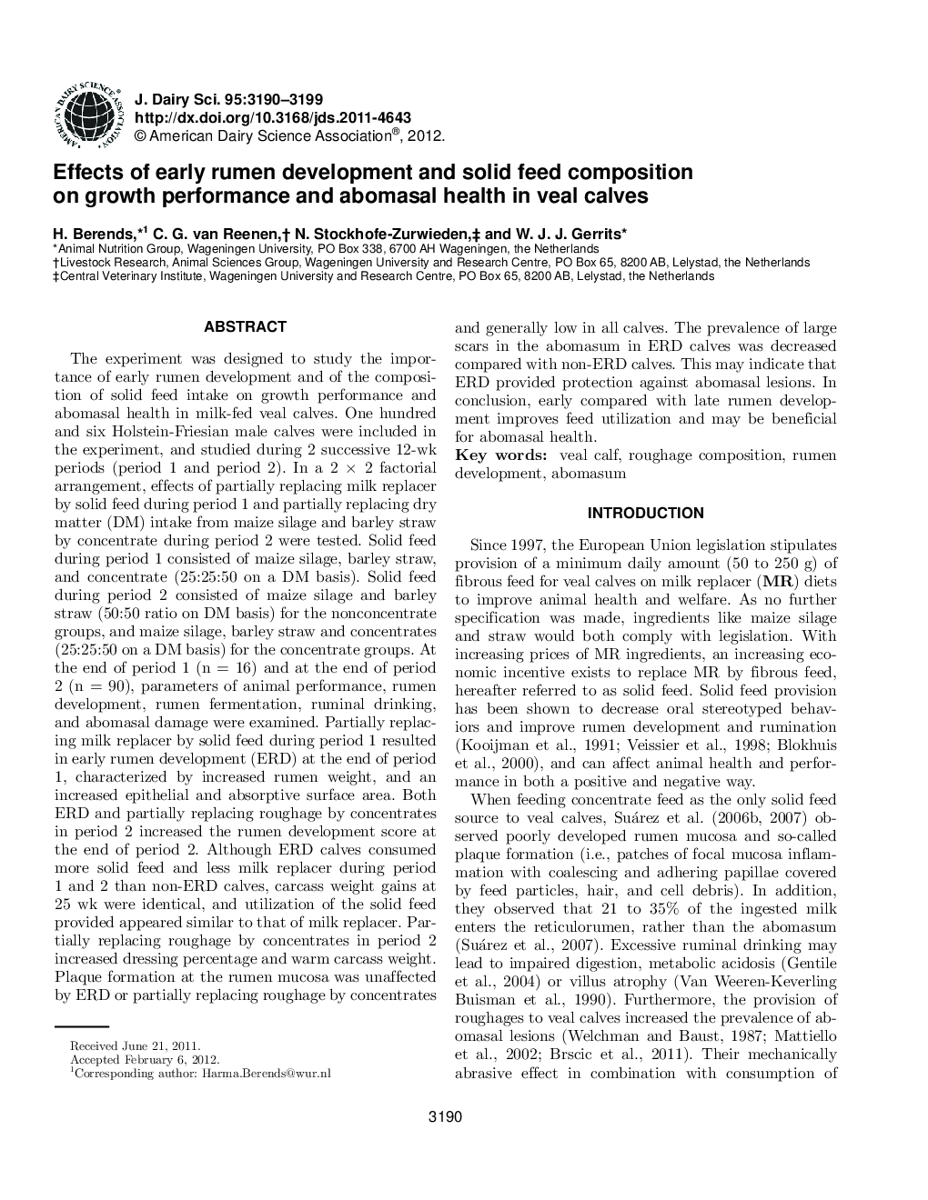 Effects of early rumen development and solid feed composition on growth performance and abomasal health in veal calves