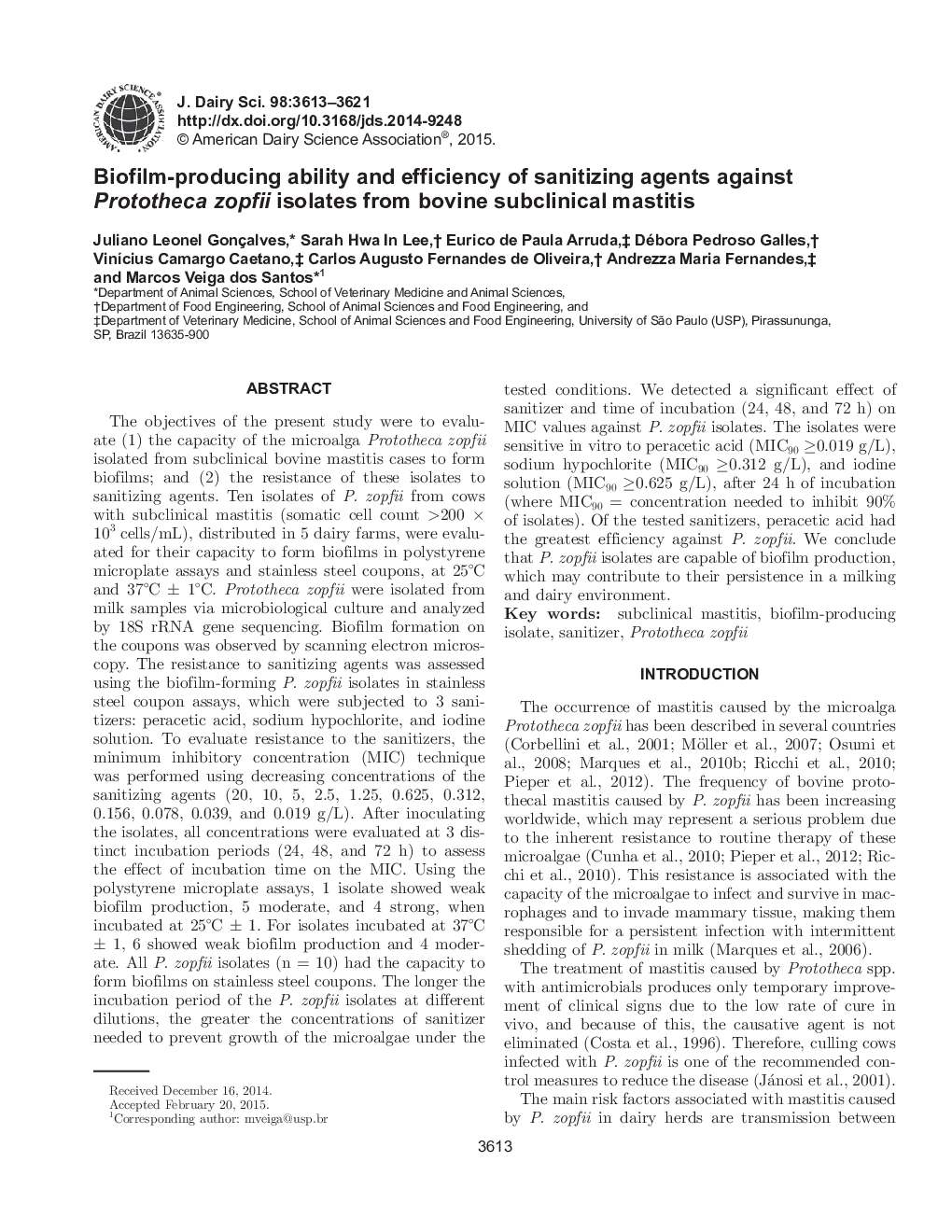 Biofilm-producing ability and efficiency of sanitizing agents against Prototheca zopfii isolates from bovine subclinical mastitis