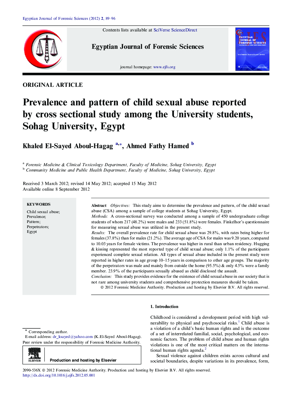 Prevalence and pattern of child sexual abuse reported by cross sectional study among the University students, Sohag University, Egypt 