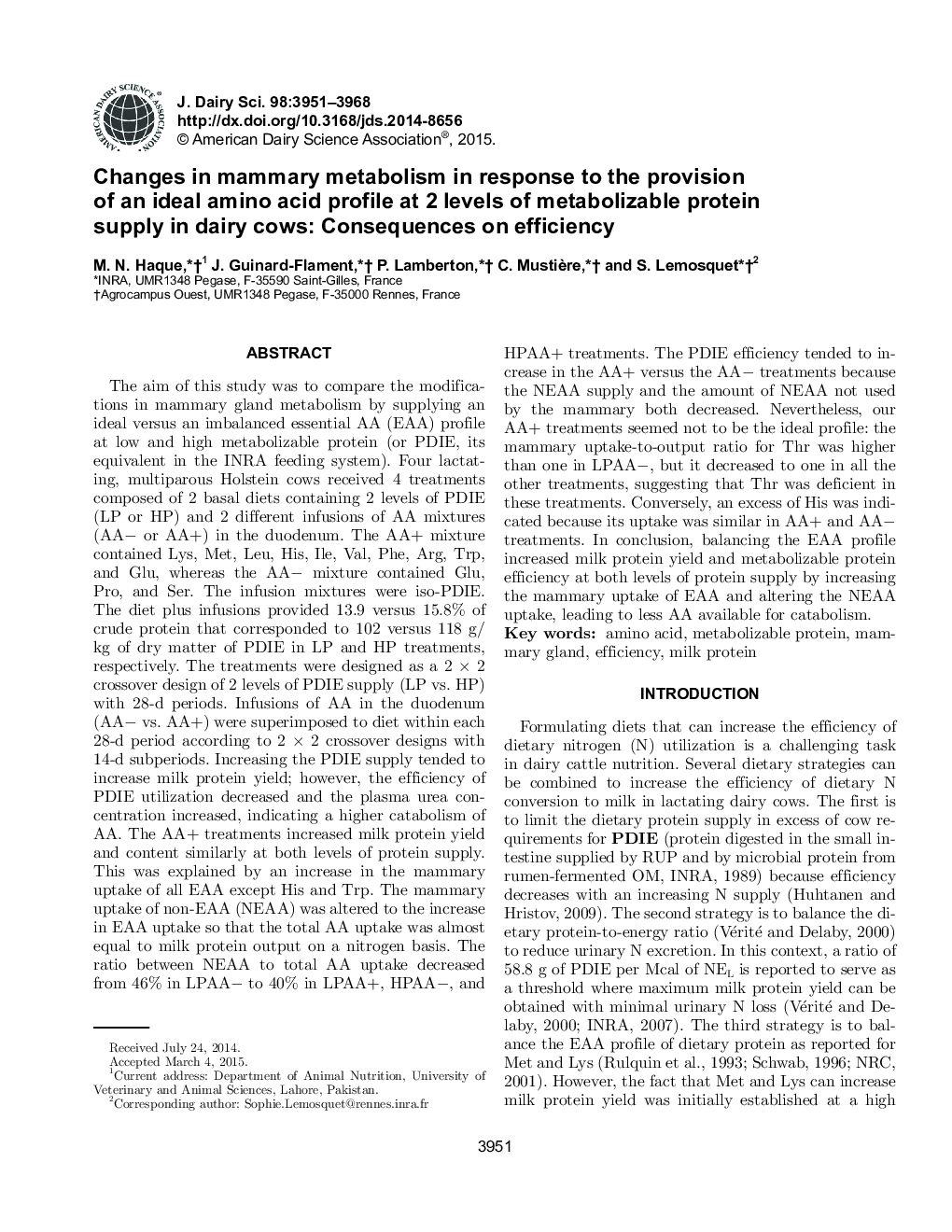 تغییرات در متابولیسم پستان در پاسخ به ارائه نمایه ای اسید آمینه ایده آل در دو سطح پروتئین متابولیزه شده در گاوهای شیری: پیامدهای بهره وری 