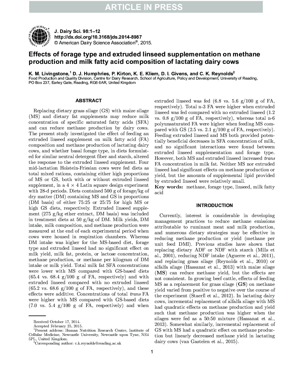 Effects of forage type and extruded linseed supplementation on methane production and milk fatty acid composition of lactating dairy cows
