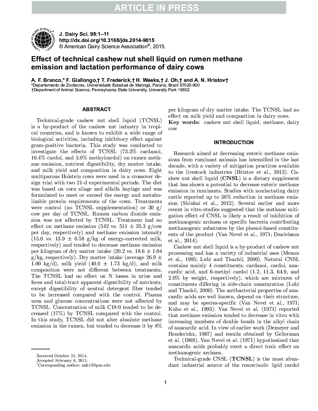 Effect of technical cashew nut shell liquid on rumen methane emission and lactation performance of dairy cows