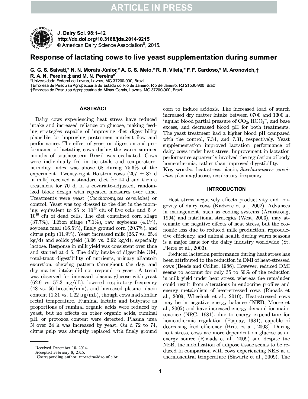 Response of lactating cows to live yeast supplementation during summer