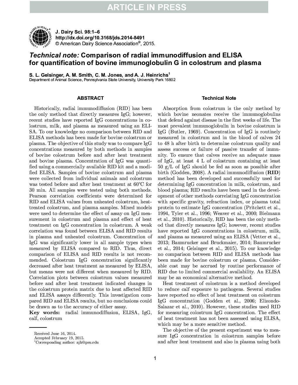 Technical note: Comparison of radial immunodiffusion and ELISA for quantification of bovine immunoglobulin G in colostrum and plasma