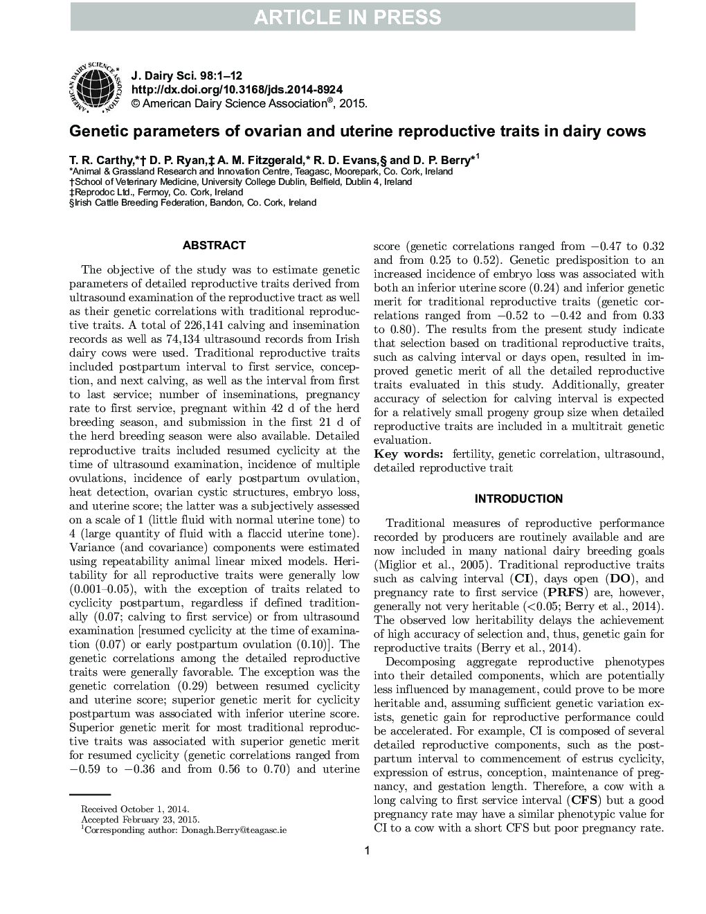 Genetic parameters of ovarian and uterine reproductive traits in dairy cows