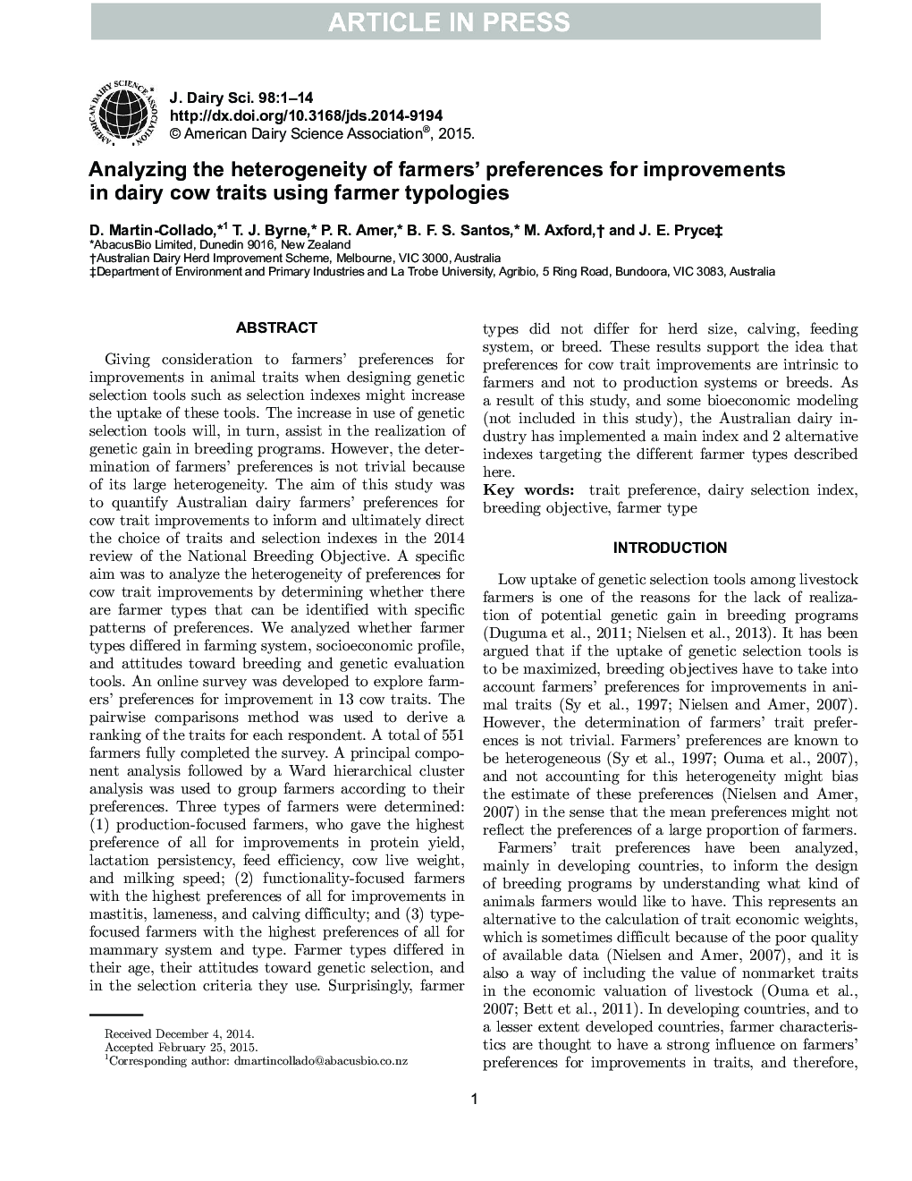 Analyzing the heterogeneity of farmers' preferences for improvements in dairy cow traits using farmer typologies