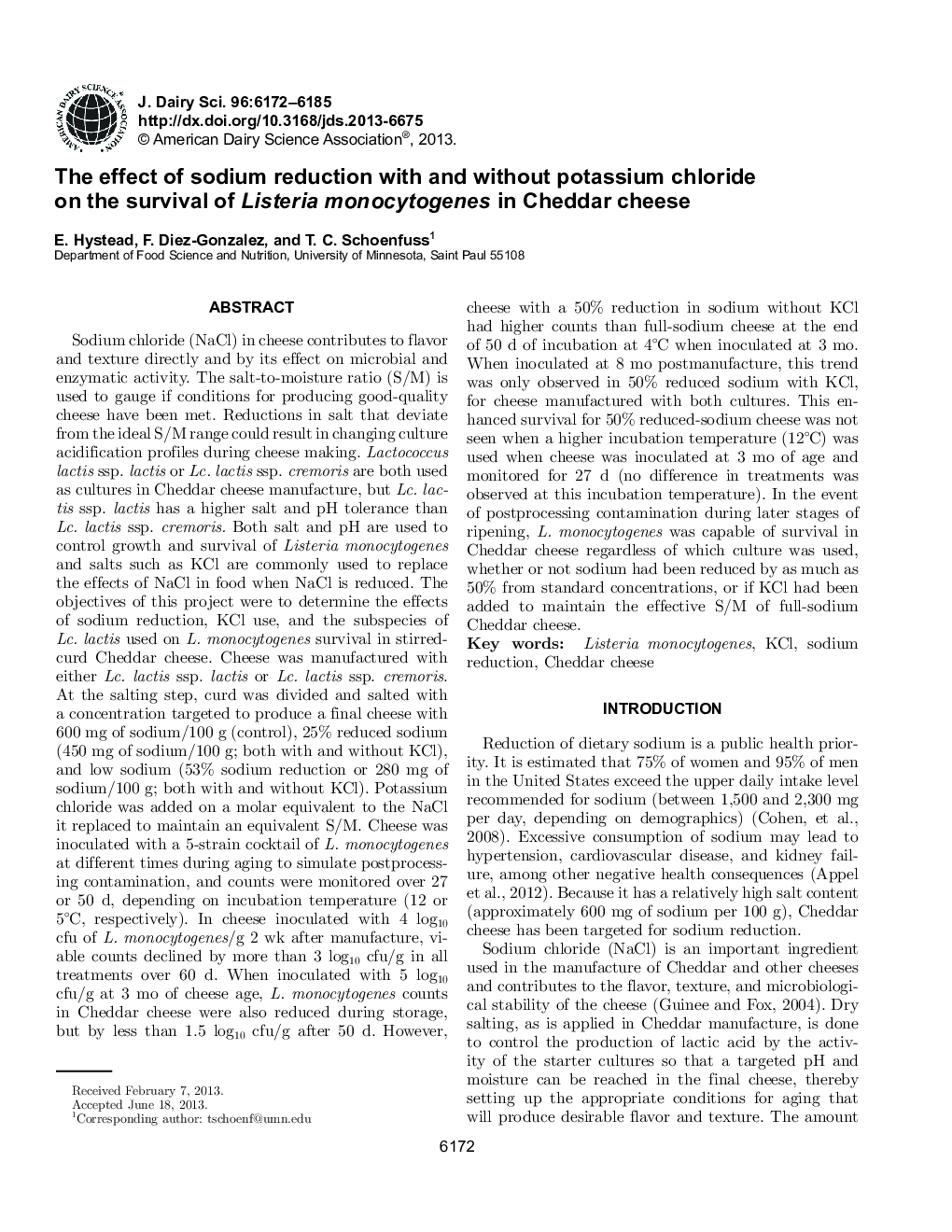 The effect of sodium reduction with and without potassium chloride on the survival of Listeria monocytogenes in Cheddar cheese