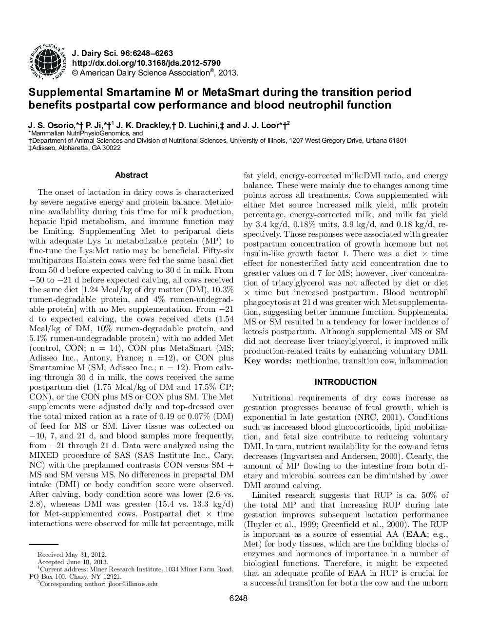 Supplemental Smartamine M or MetaSmart during the transition period benefits postpartal cow performance and blood neutrophil function