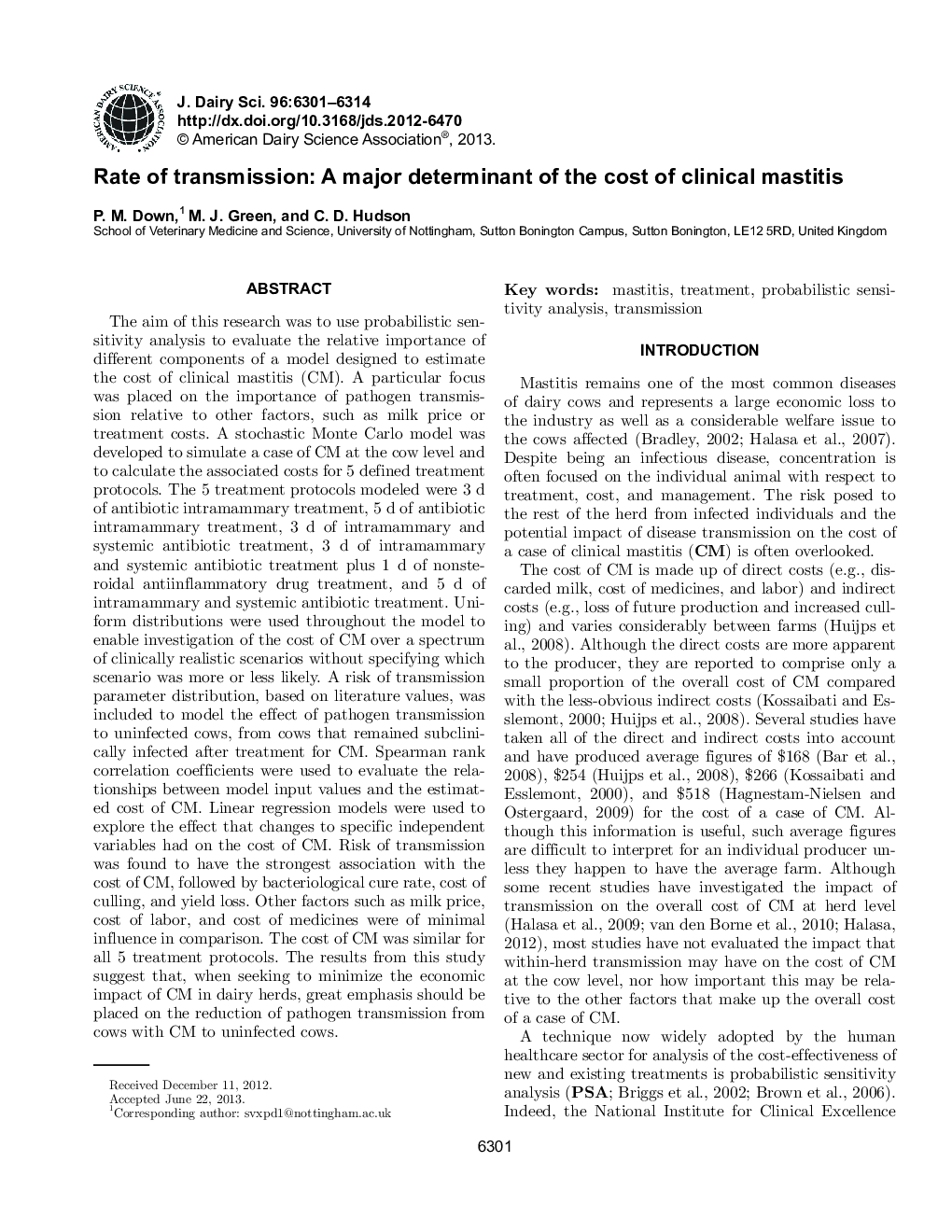 Rate of transmission: A major determinant of the cost of clinical mastitis