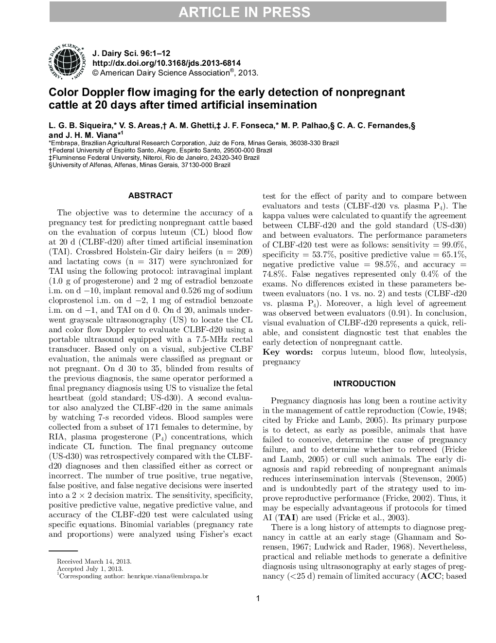 Color Doppler flow imaging for the early detection of nonpregnant cattle at 20 days after timed artificial insemination