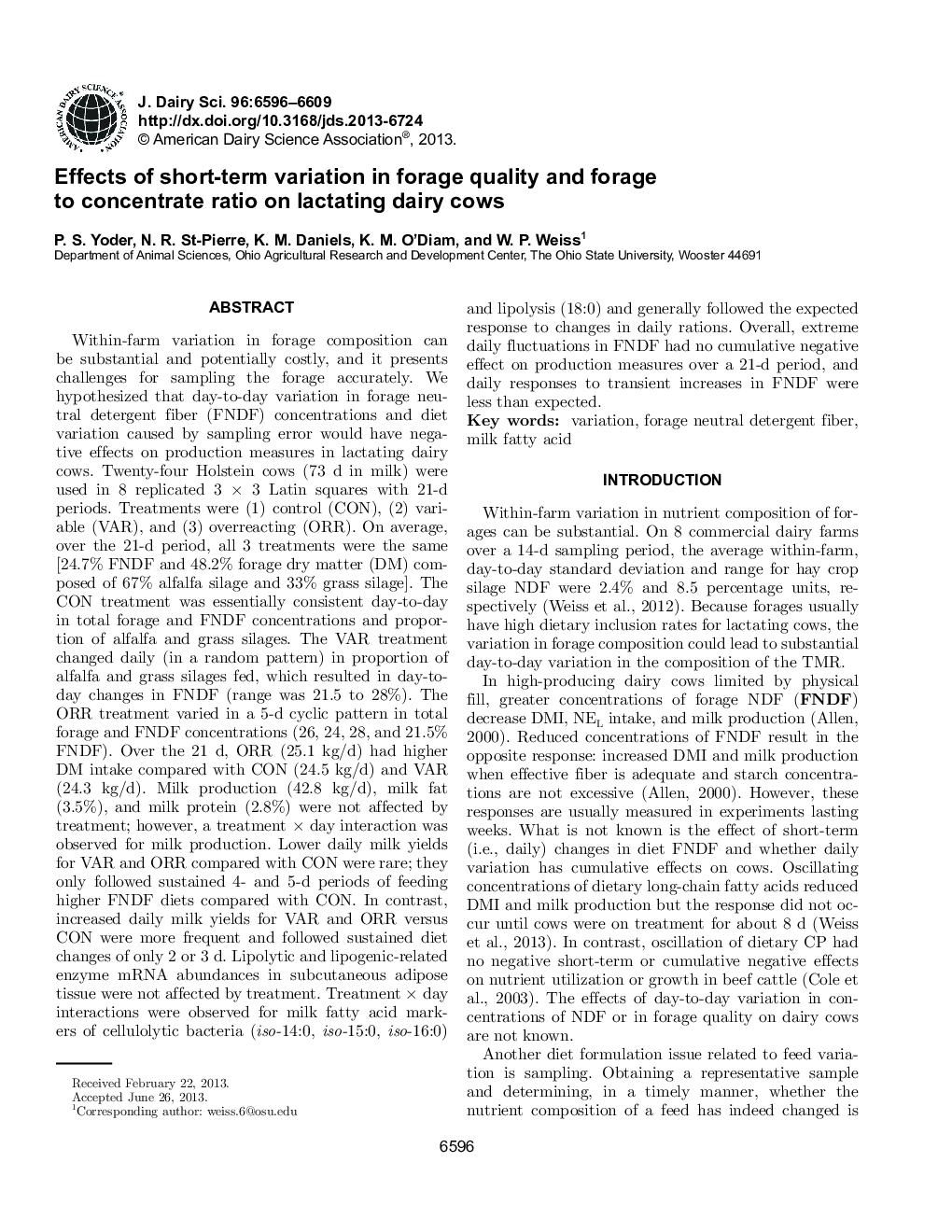 Effects of short-term variation in forage quality and forage to concentrate ratio on lactating dairy cows