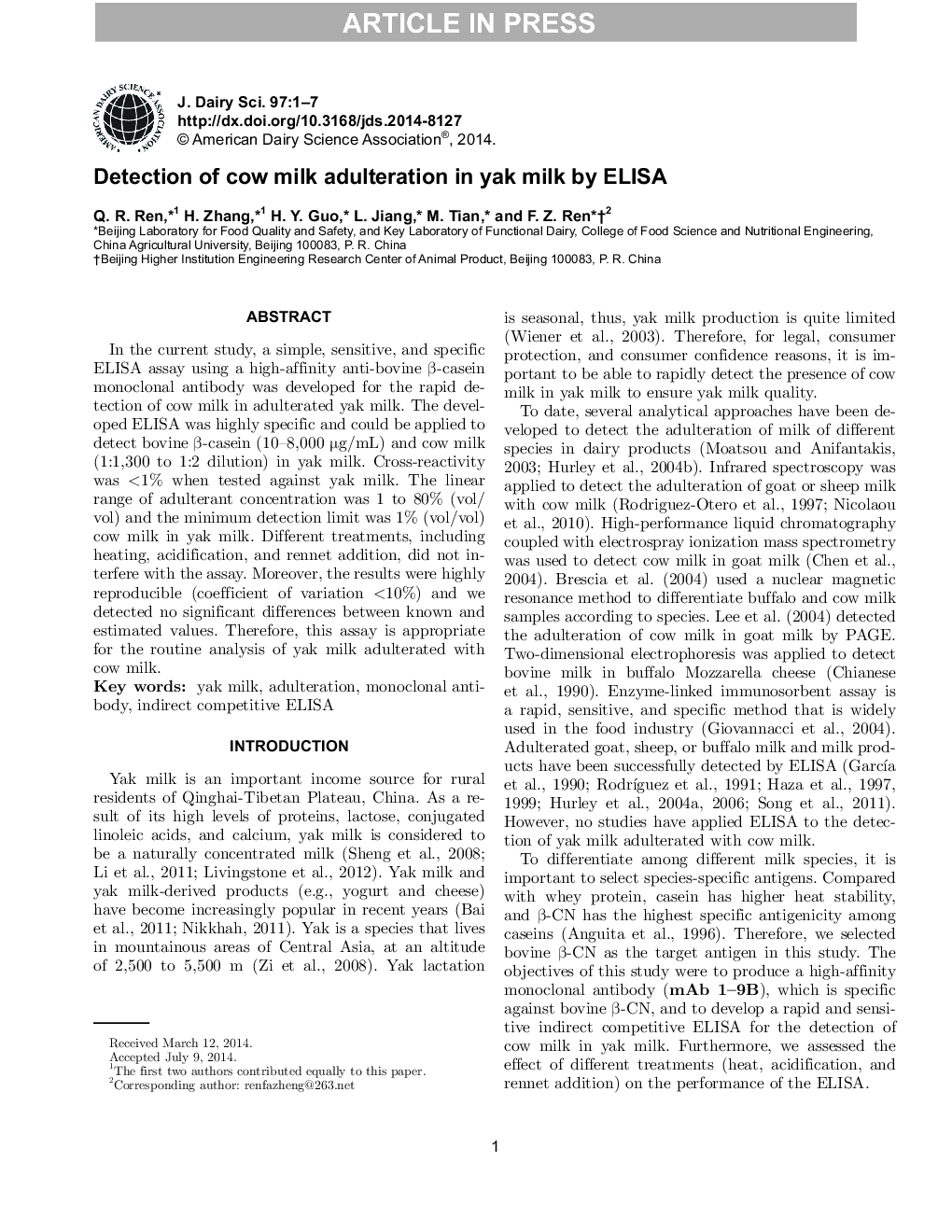 Detection of cow milk adulteration in yak milk by ELISA