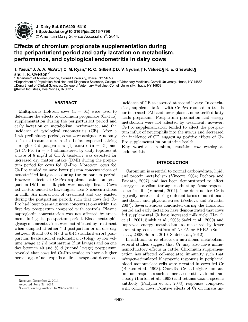 Effects of chromium propionate supplementation during the periparturient period and early lactation on metabolism, performance, and cytological endometritis in dairy cows