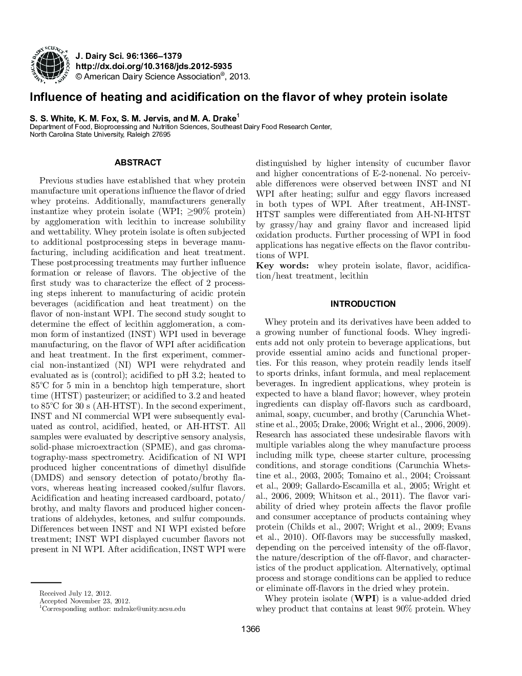 Influence of heating and acidification on the flavor of whey protein isolate