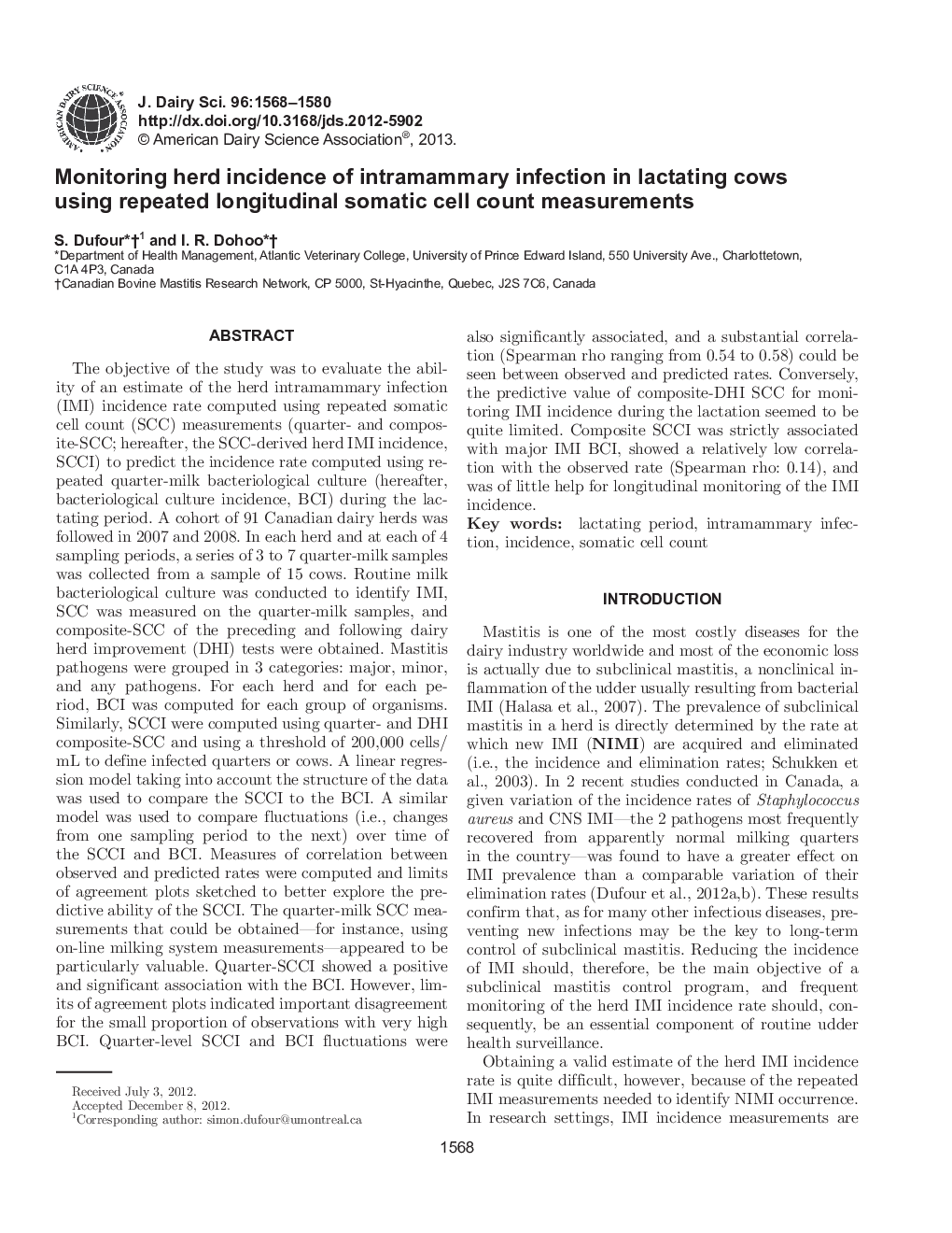 Monitoring herd incidence of intramammary infection in lactating cows using repeated longitudinal somatic cell count measurements