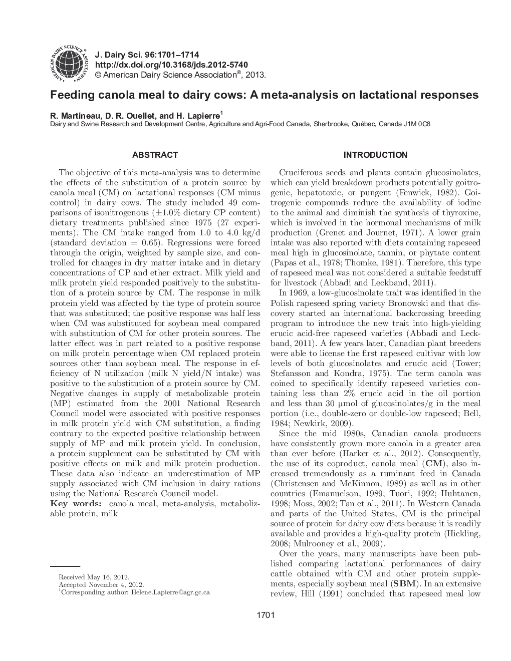 Feeding canola meal to dairy cows: A meta-analysis on lactational responses