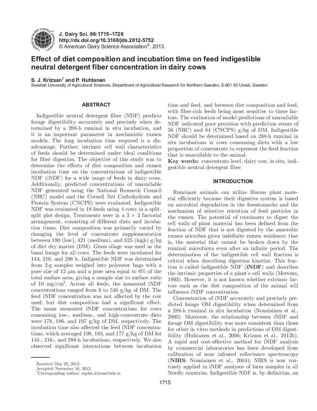 Effect of diet composition and incubation time on feed indigestible neutral detergent fiber concentration in dairy cows