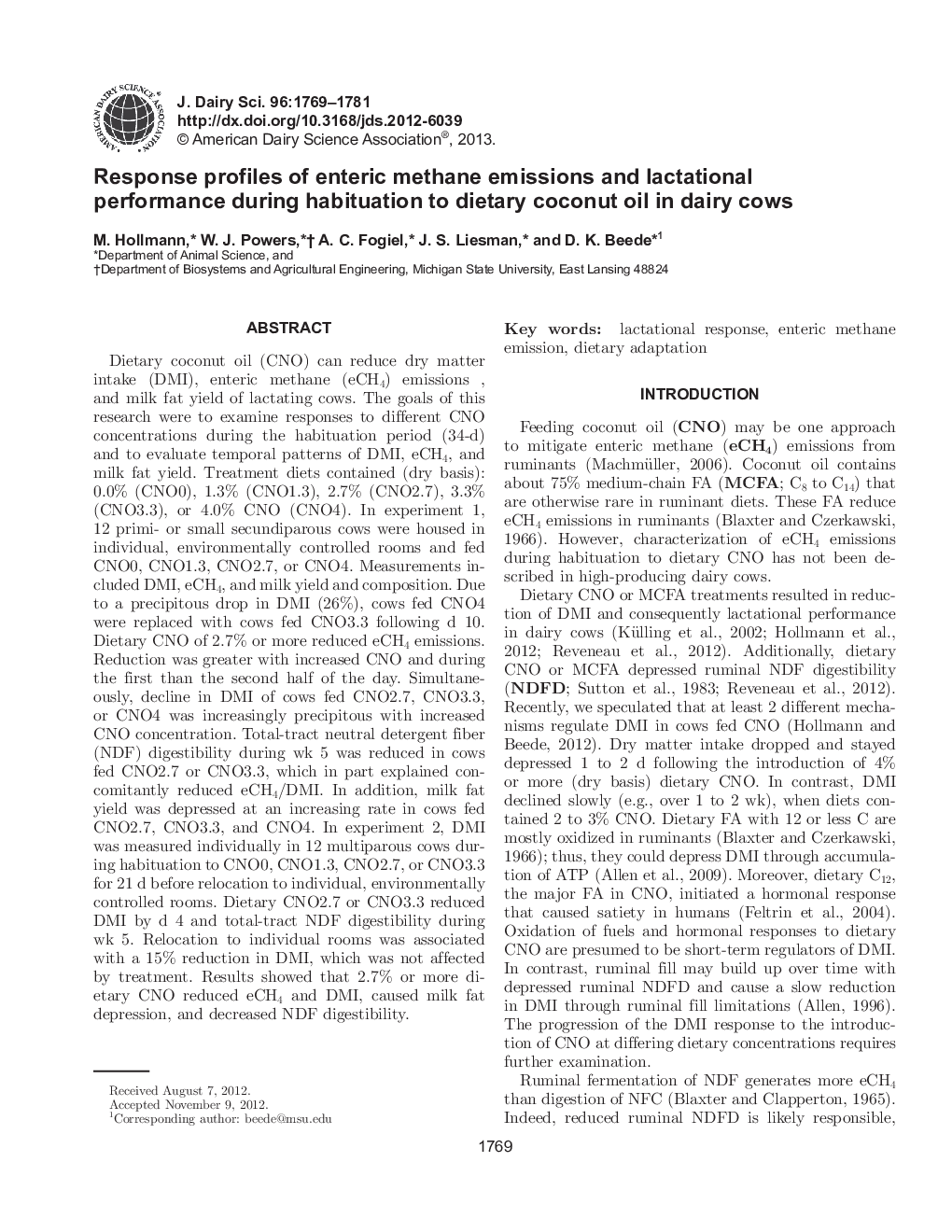 Response profiles of enteric methane emissions and lactational performance during habituation to dietary coconut oil in dairy cows