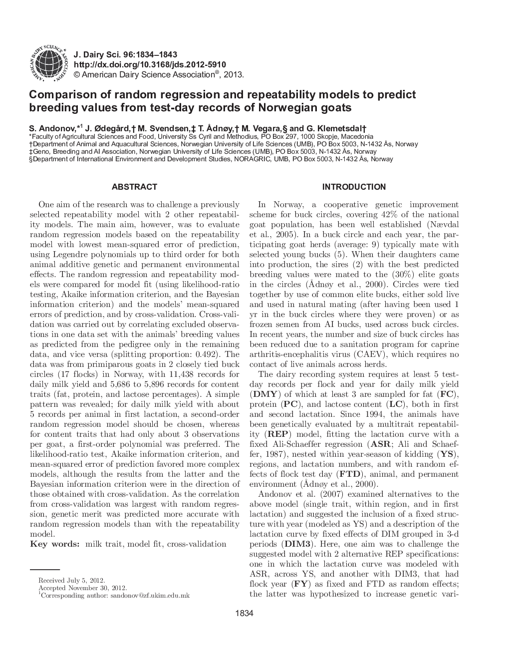 مقایسه مدل رگرسیون تصادفی و مدل تکرارپذیری برای پیش بینی مقادیر پرورش از سوابق آزمایشی بز های نروژ 