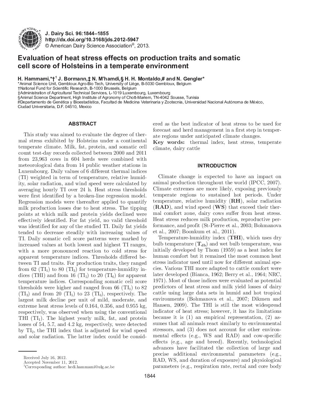 Evaluation of heat stress effects on production traits and somatic cell score of Holsteins in a temperate environment