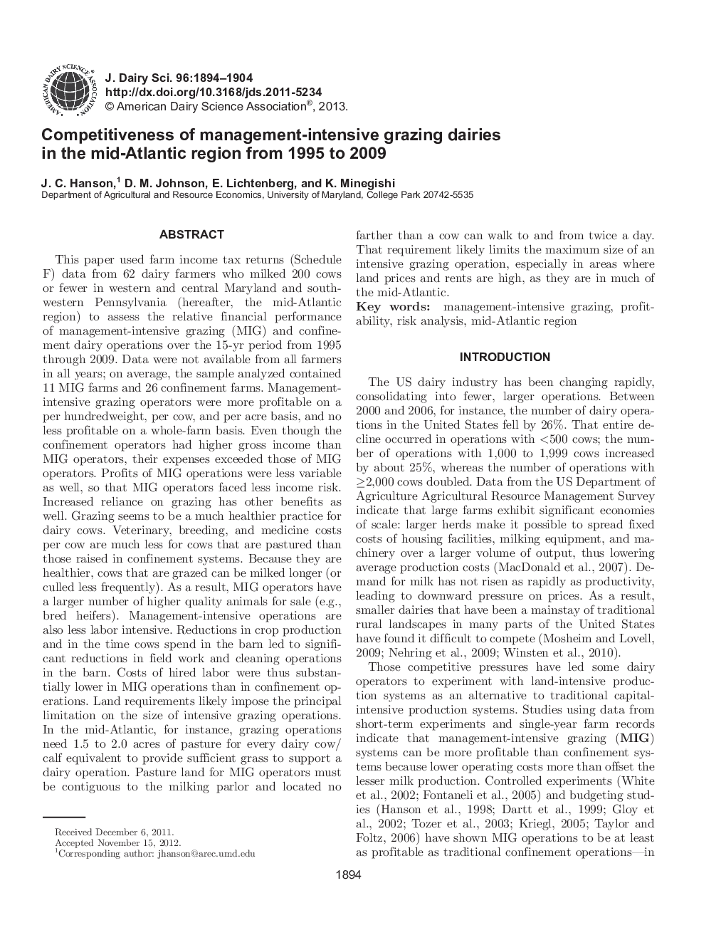 Competitiveness of management-intensive grazing dairies in the mid-Atlantic region from 1995 to 2009