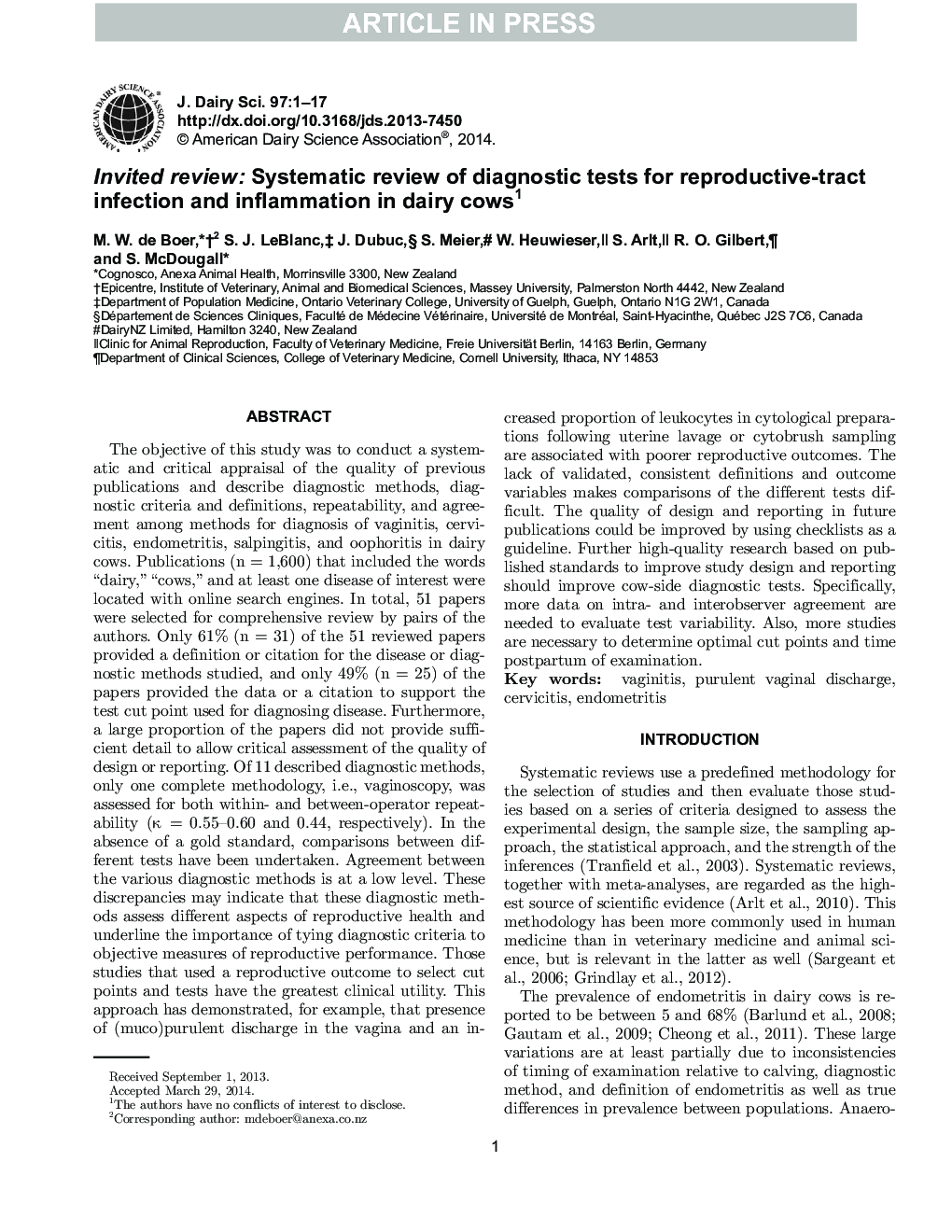 Invited review: Systematic review of diagnostic tests for reproductive-tract infection and inflammation in dairy cows1