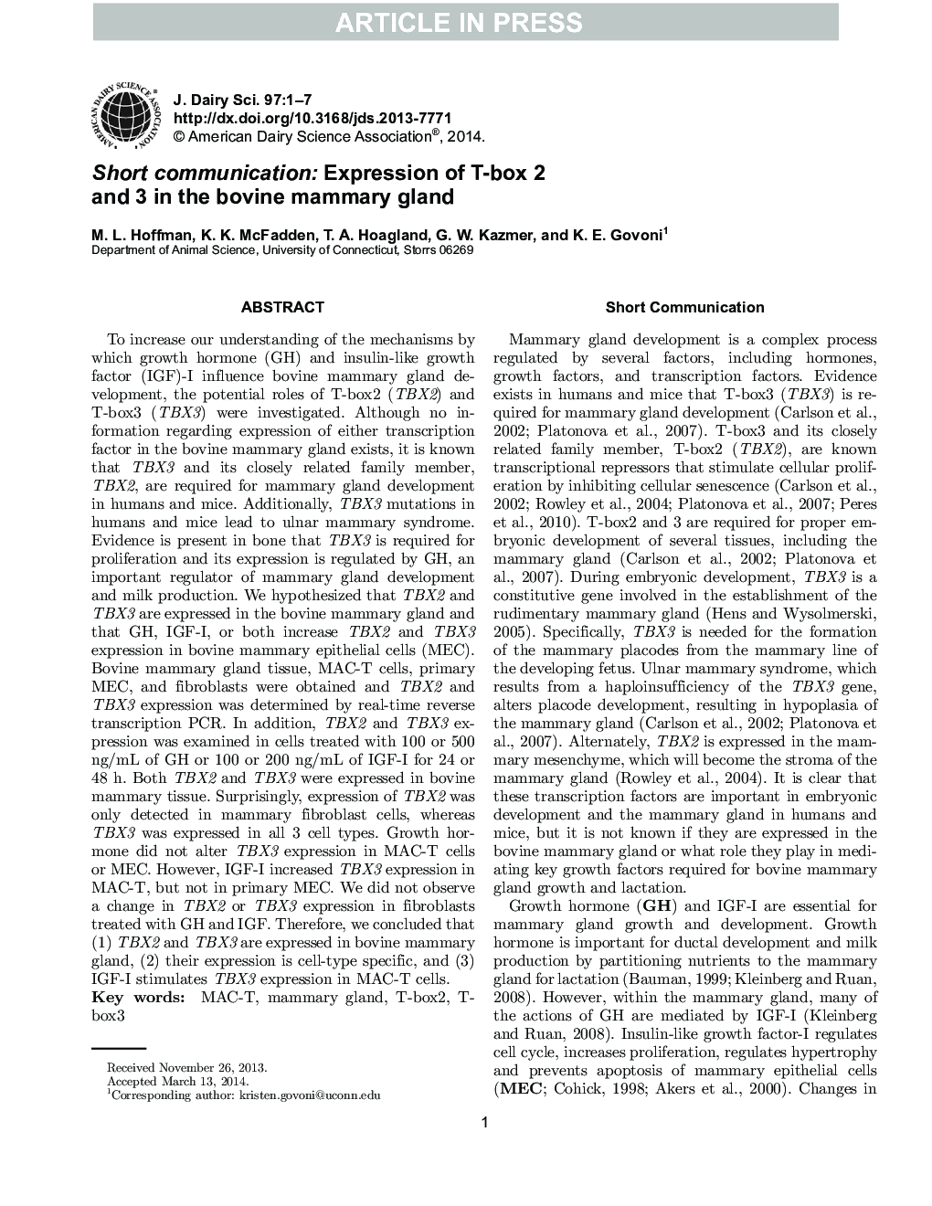 Short communication: Expression of T-box 2 and 3 in the bovine mammary gland