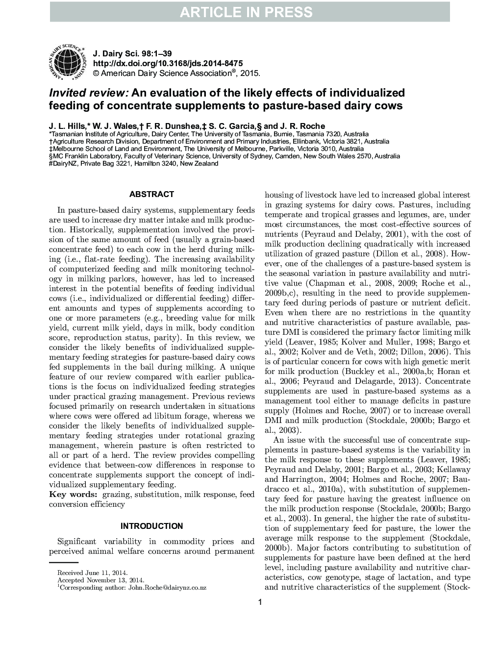 Invited review: An evaluation of the likely effects of individualized feeding of concentrate supplements to pasture-based dairy cows