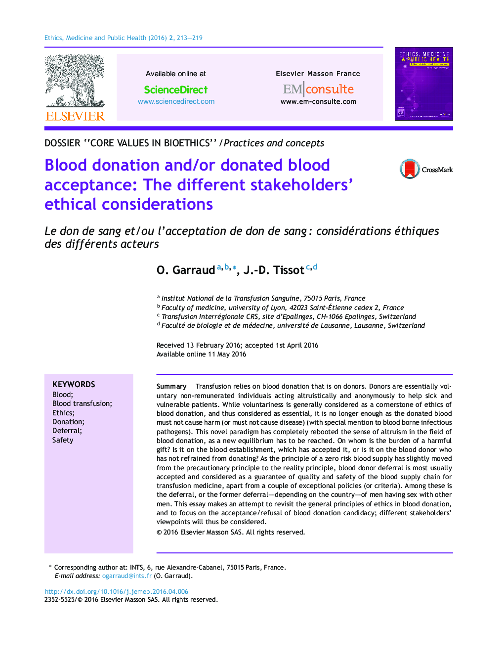Blood donation and/or donated blood acceptance: The different stakeholders’ ethical considerations