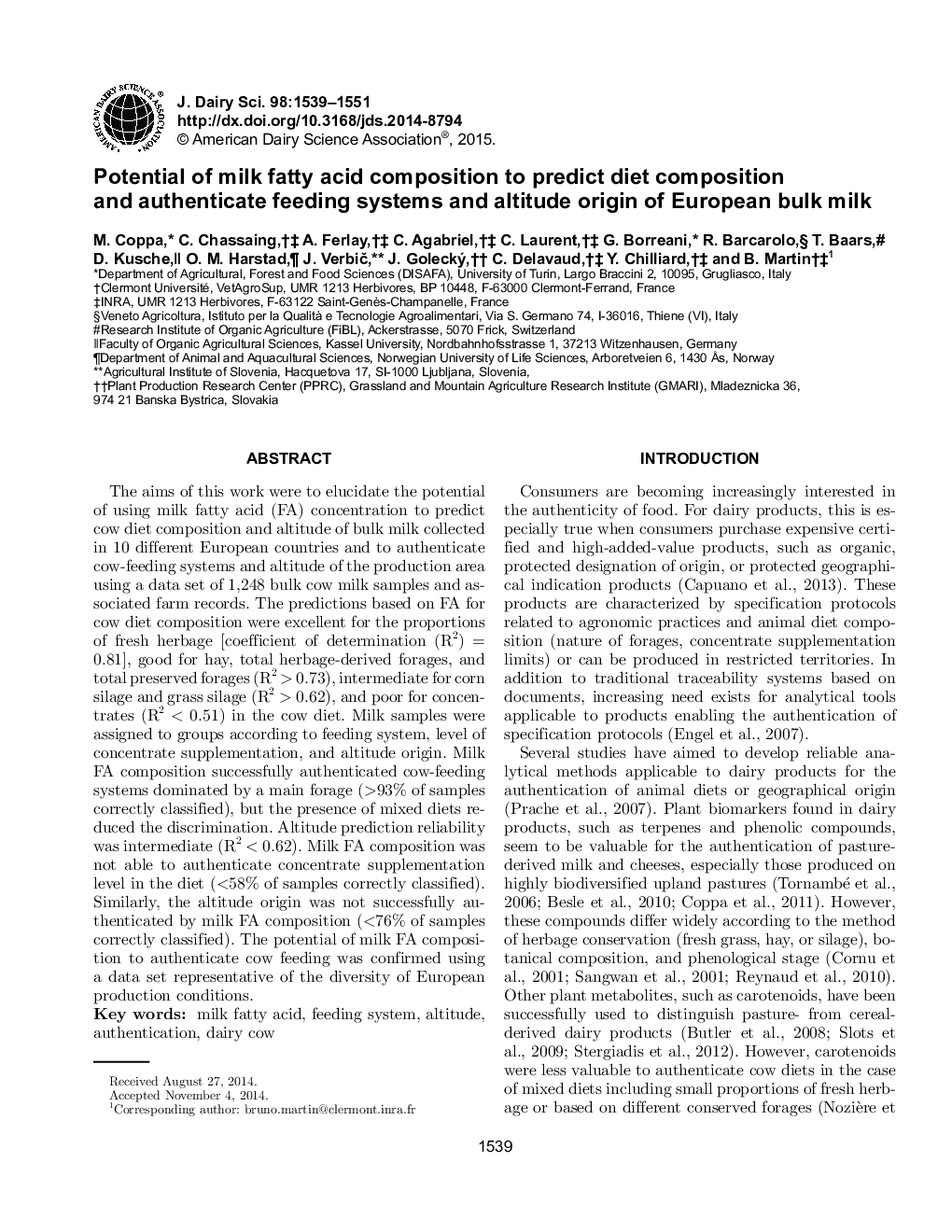 Potential of milk fatty acid composition to predict diet composition and authenticate feeding systems and altitude origin of European bulk milk