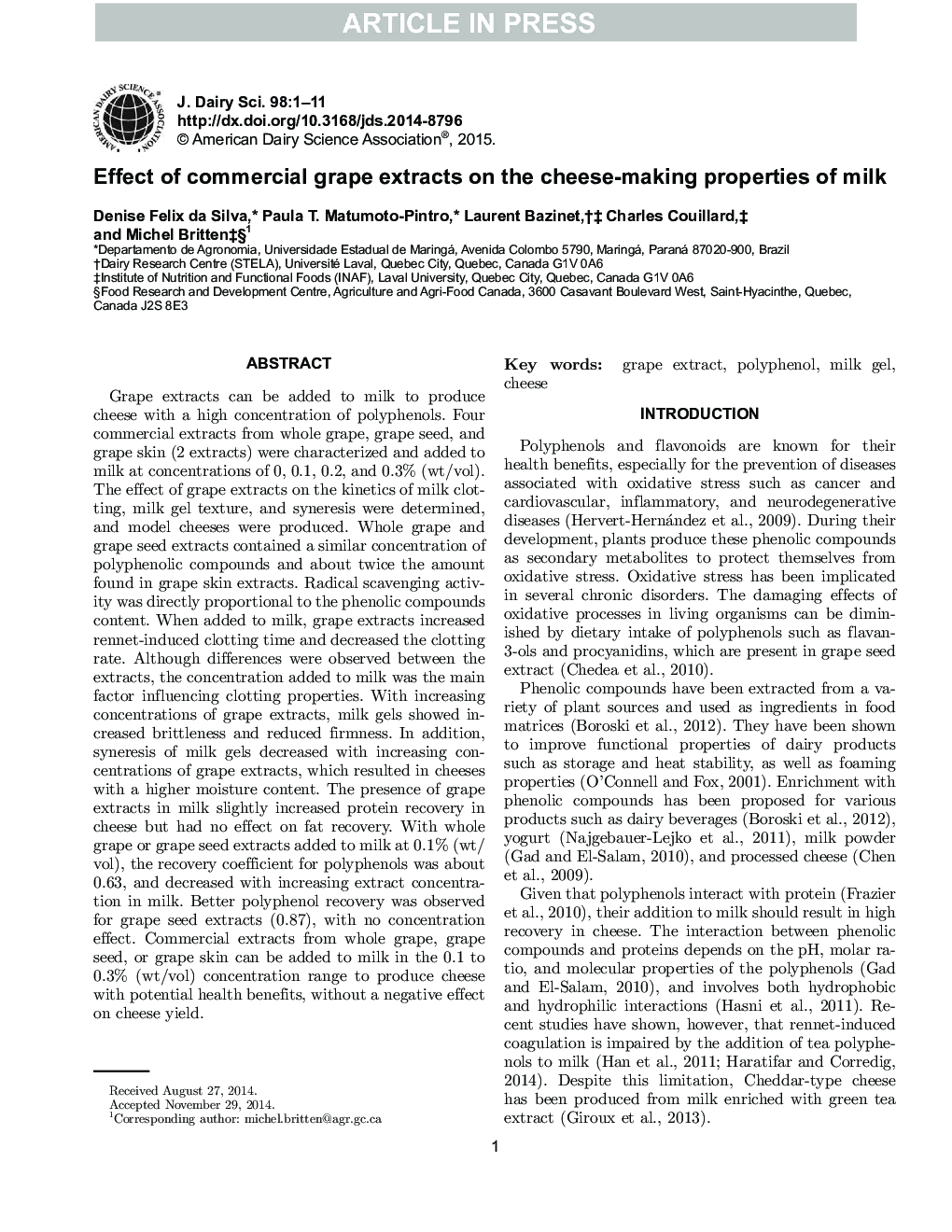 Effect of commercial grape extracts on the cheese-making properties of milk