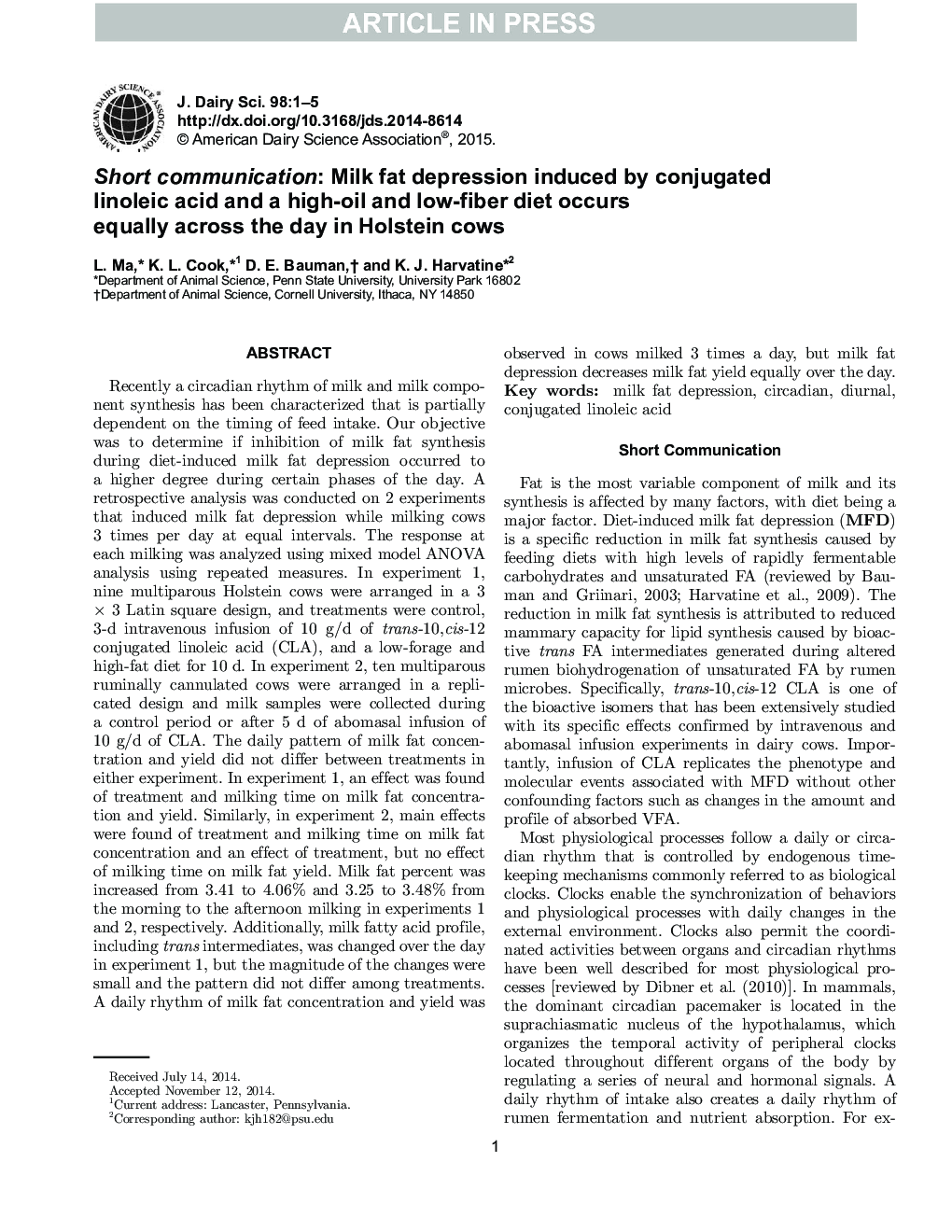 Short communication: Milk fat depression induced by conjugated linoleic acid and a high-oil and low-fiber diet occurs equally across the day in Holstein cows
