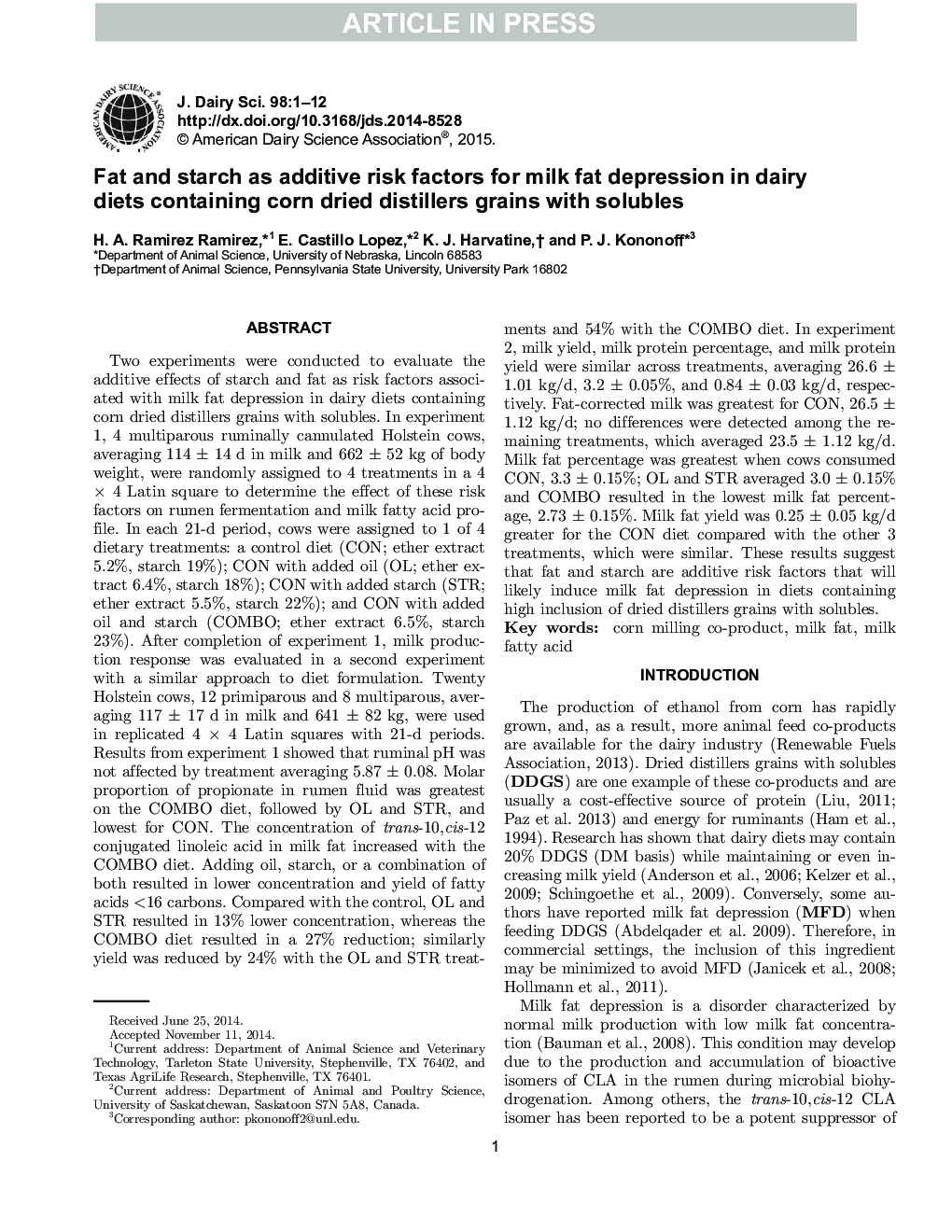 Fat and starch as additive risk factors for milk fat depression in dairy diets containing corn dried distillers grains with solubles
