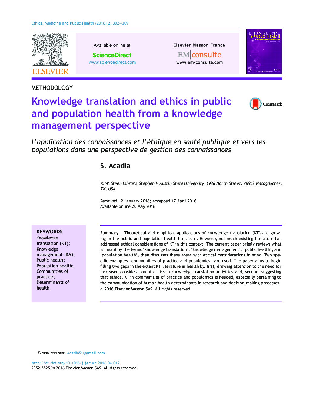 Knowledge translation and ethics in public and population health from a knowledge management perspective