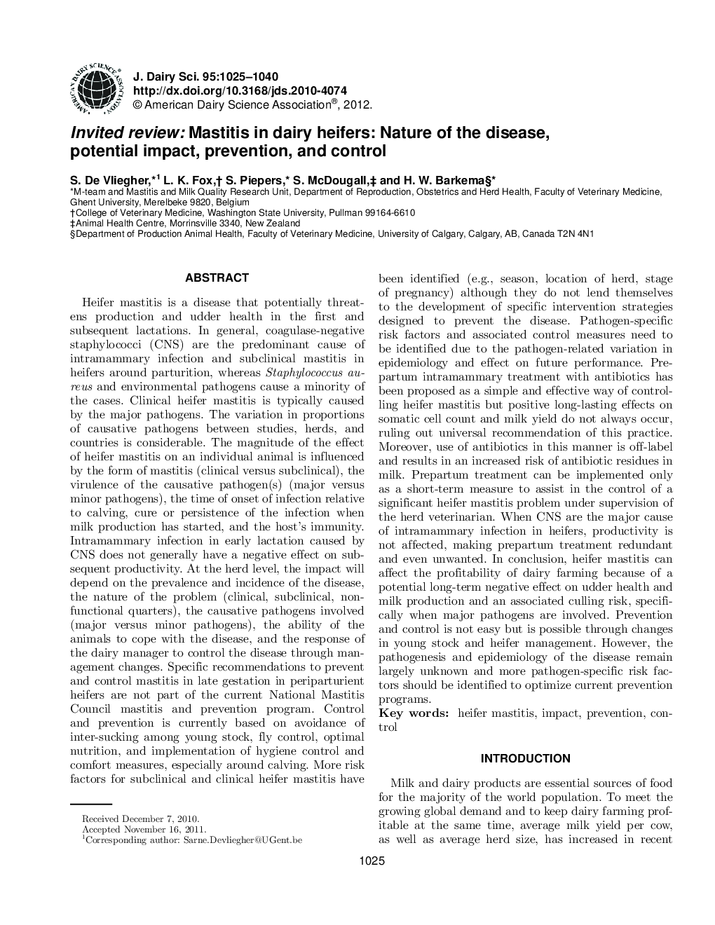 Invited review: Mastitis in dairy heifers: Nature of the disease, potential impact, prevention, and control