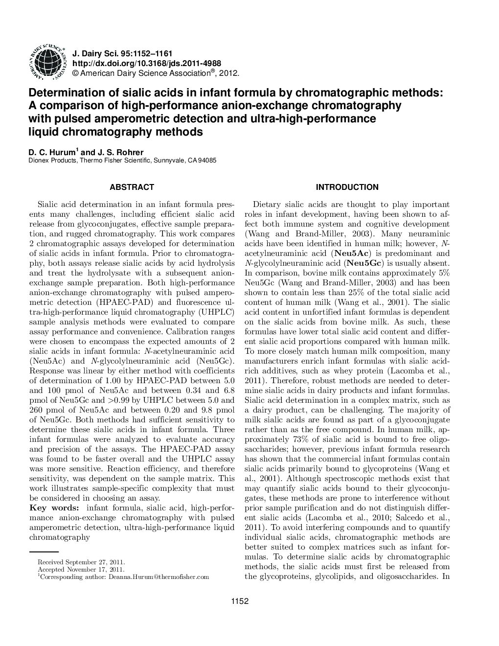 Determination of sialic acids in infant formula by chromatographic methods: A comparison of high-performance anion-exchange chromatography with pulsed amperometric detection and ultra-high-performance liquid chromatography methods