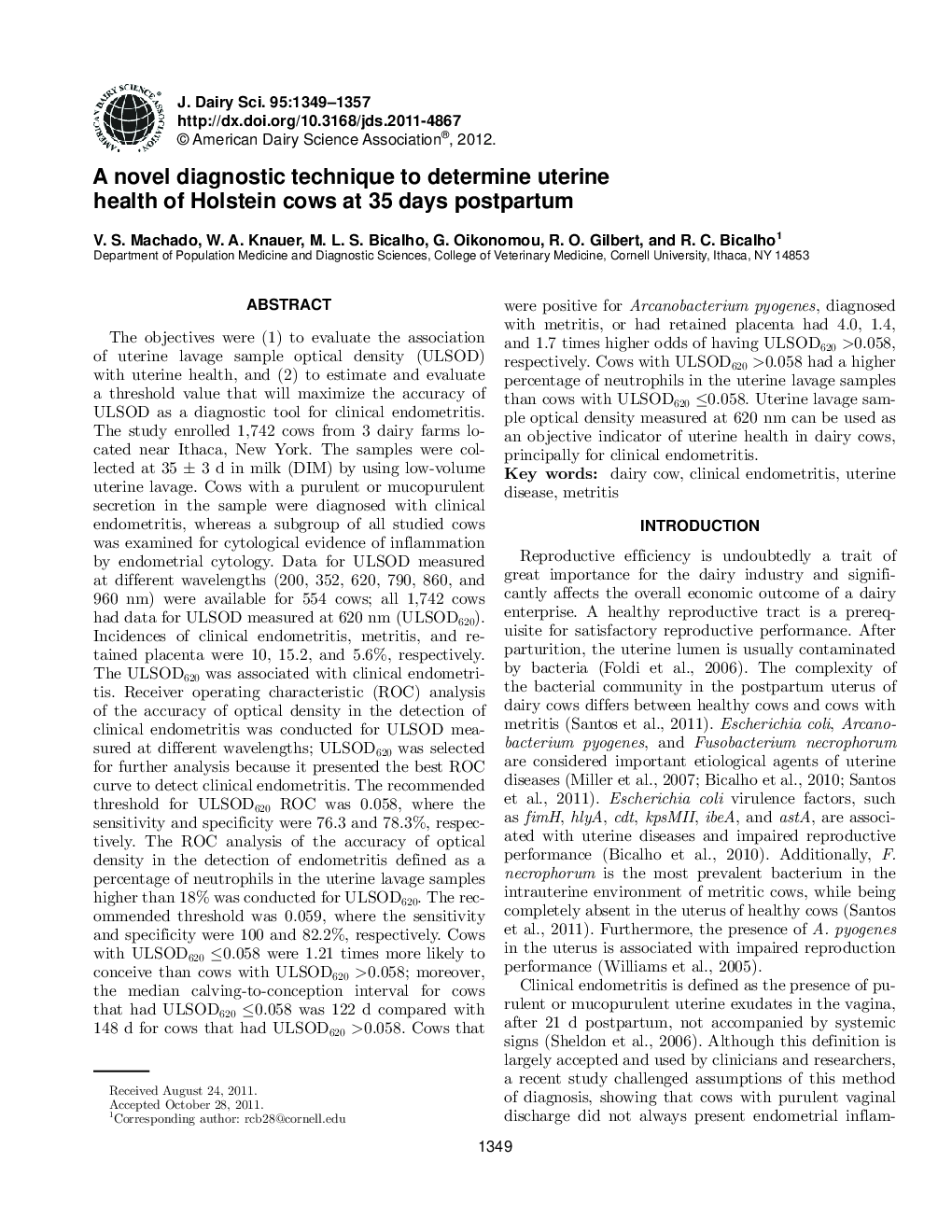 A novel diagnostic technique to determine uterine health of Holstein cows at 35 days postpartum