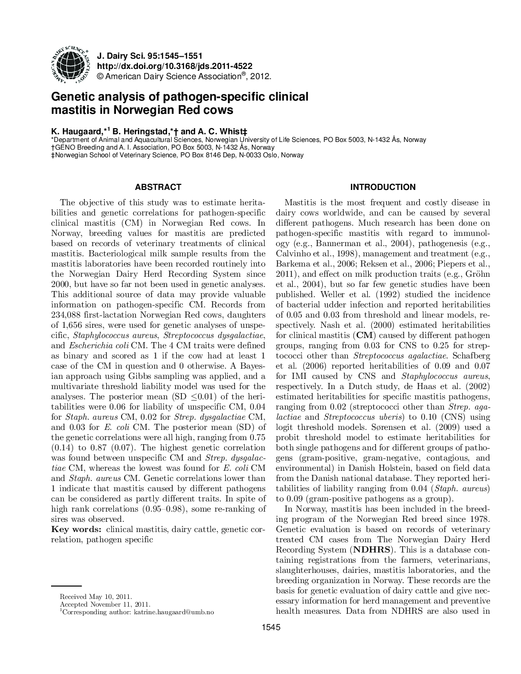 Genetic analysis of pathogen-specific clinical mastitis in Norwegian Red cows