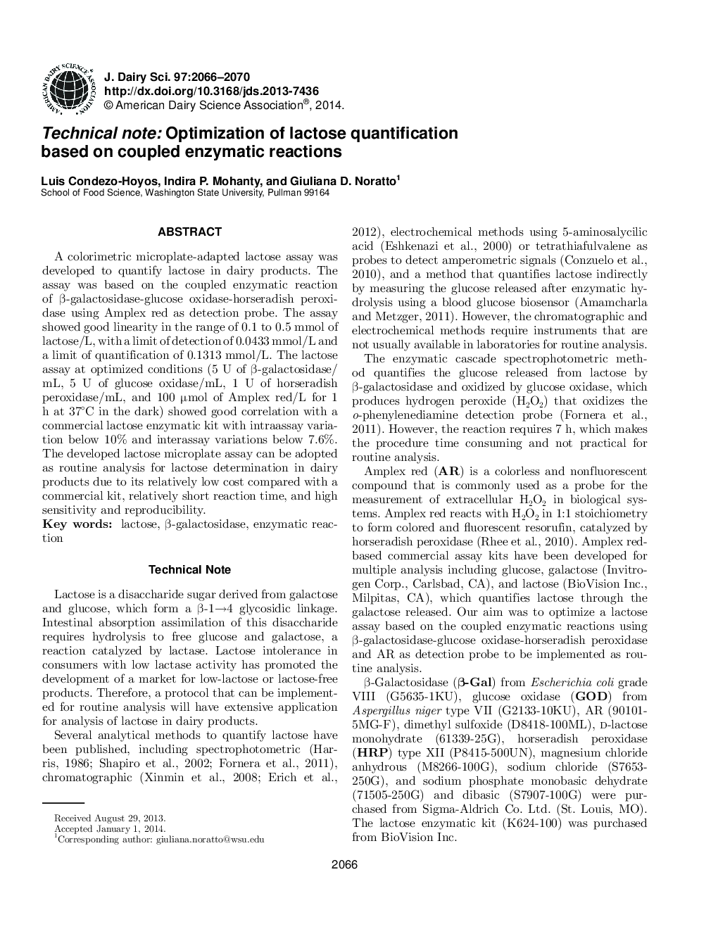 Technical note: Optimization of lactose quantification based on coupled enzymatic reactions