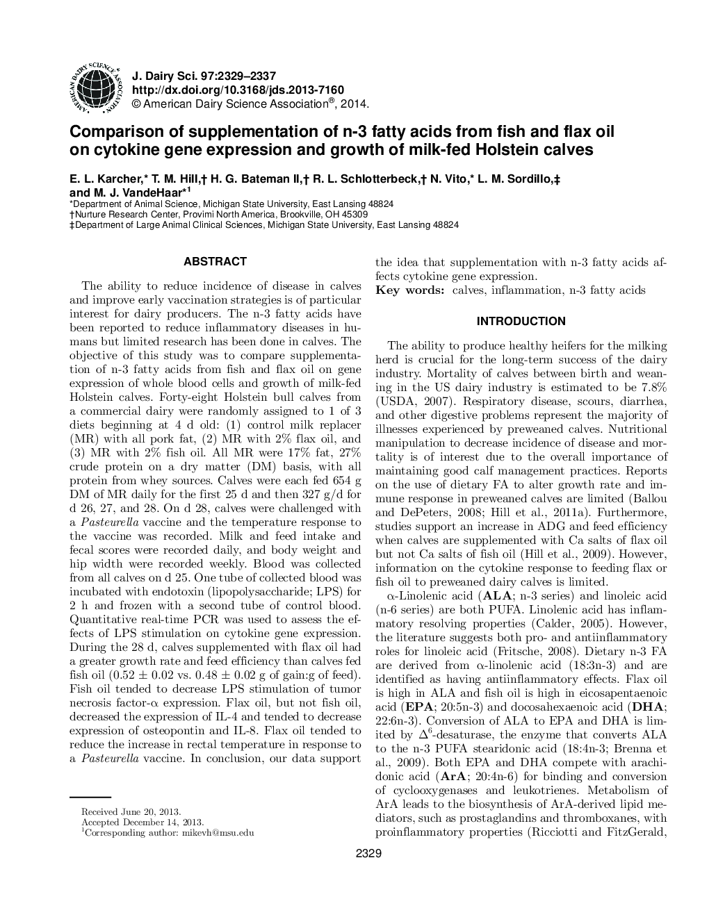 Comparison of supplementation of n-3 fatty acids from fish and flax oil on cytokine gene expression and growth of milk-fed Holstein calves