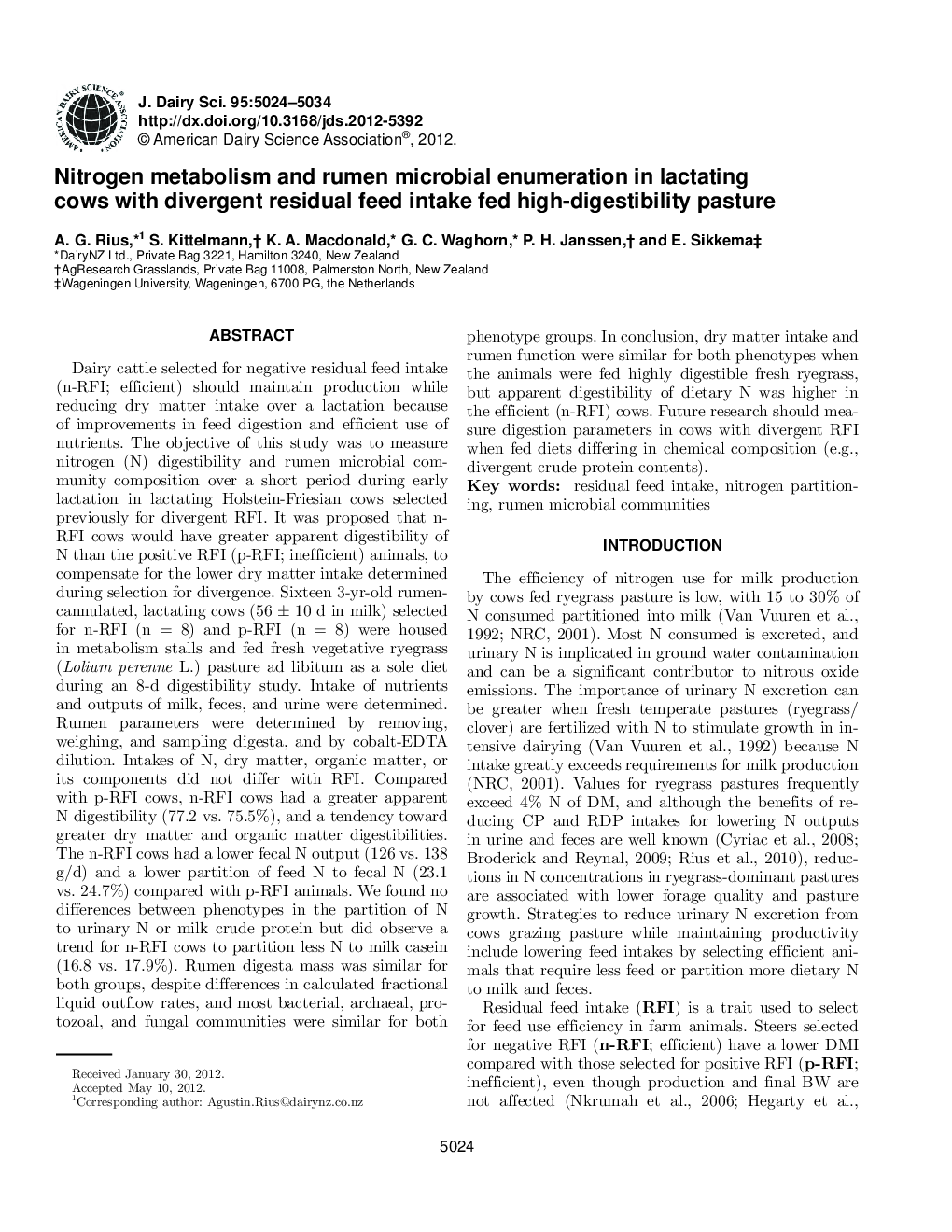 Nitrogen metabolism and rumen microbial enumeration in lactating cows with divergent residual feed intake fed high-digestibility pasture